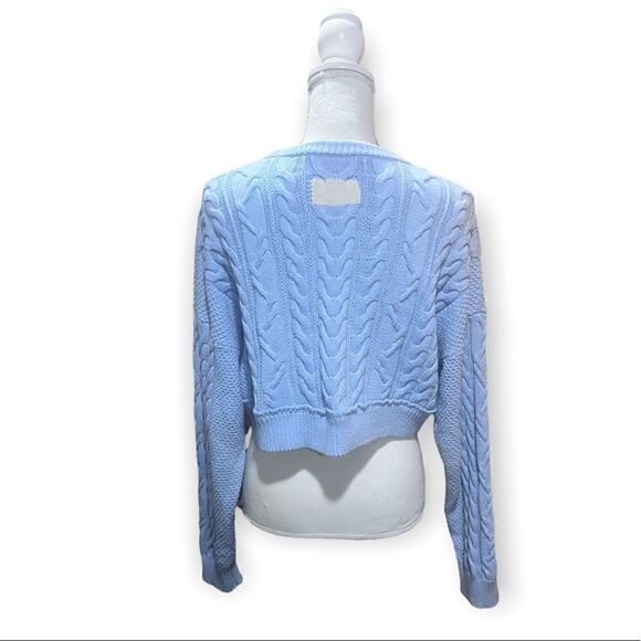 BABY BLUE OVERSIZED CROPPED CABLE KNIT CREW NECK SWEATER OS - Picture 5 of 9